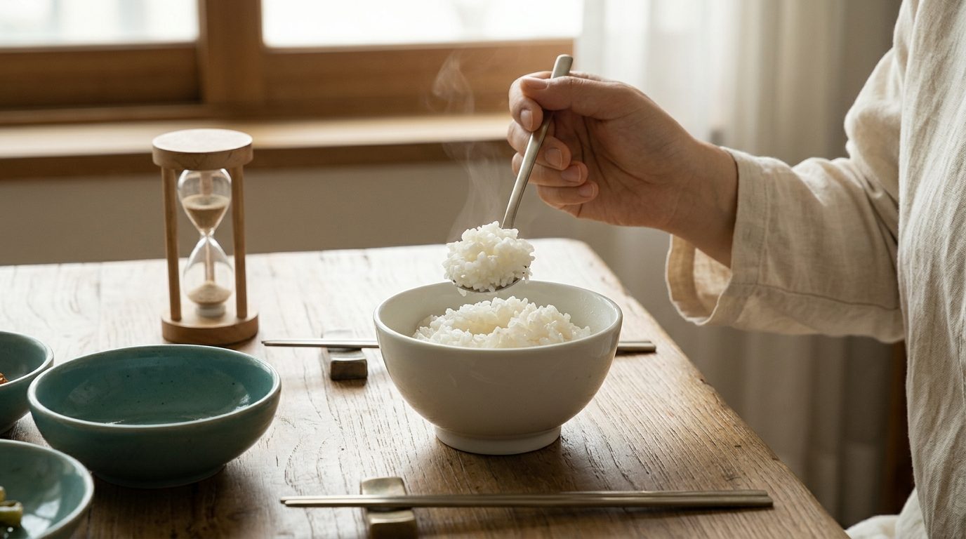 밥을 첫술 뜨는 손과 방금 뒤집어 놓은 모래시계