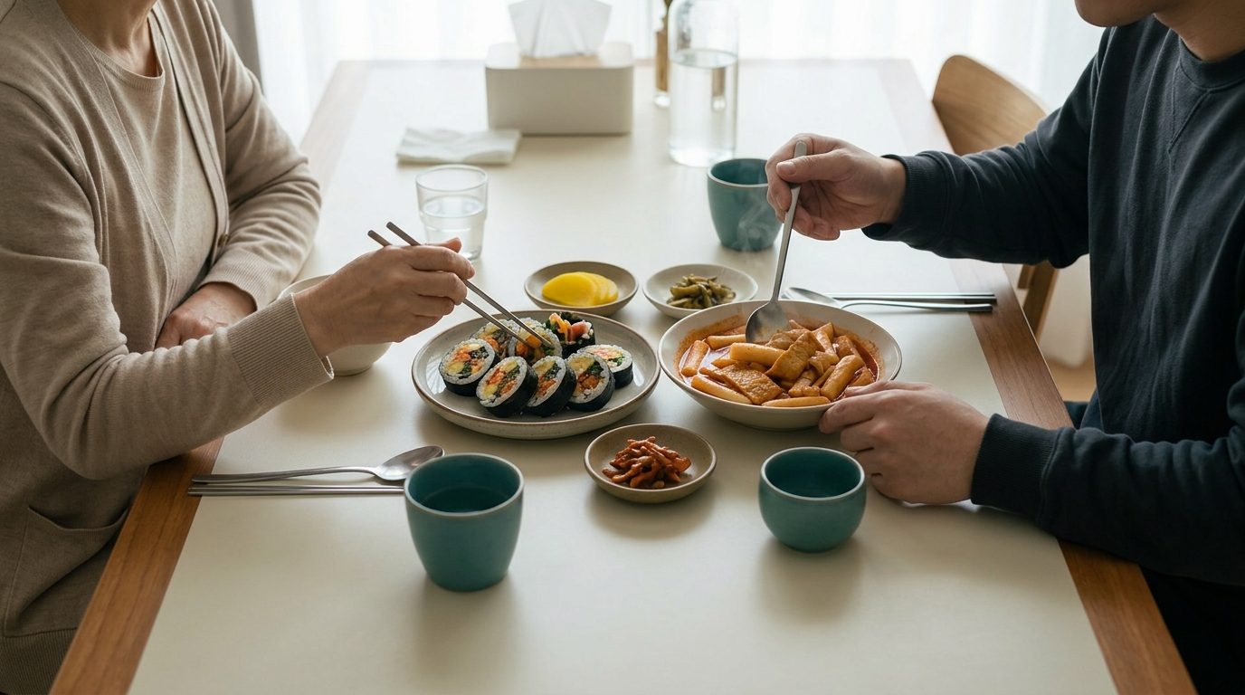 집 식탁에서 두 사람이 김밥과 떡볶이를 나눠 먹는 모습