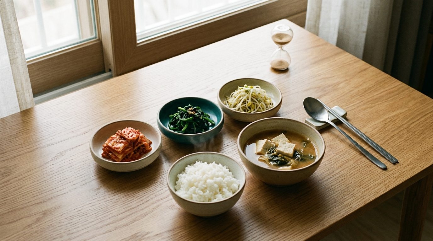 한국 가정식 한 상 옆에 모래가 떨어지기 시작한 모래시계가 놓인 식탁
