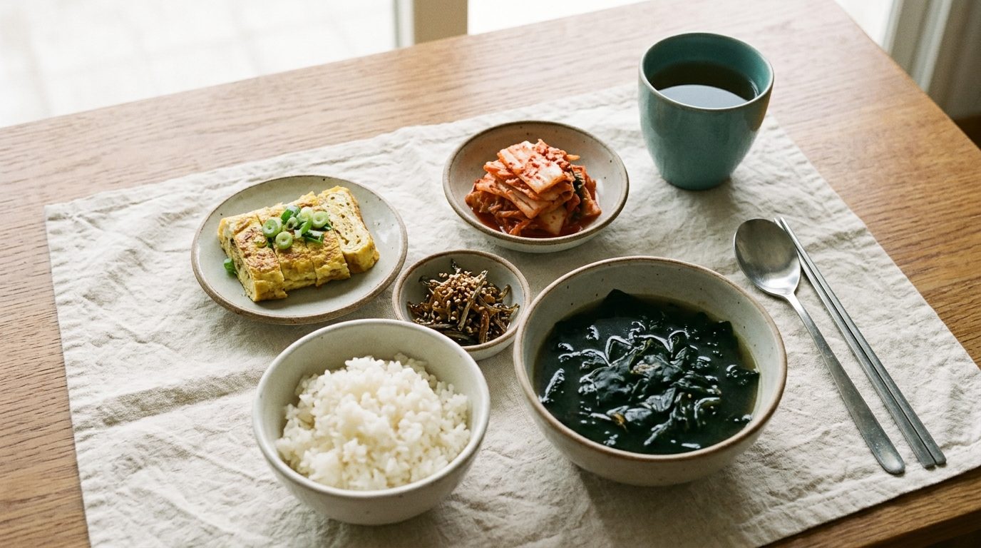 흰쌀밥과 미역국, 계란말이, 김치, 멸치볶음이 차려진 평범한 집밥 한 상