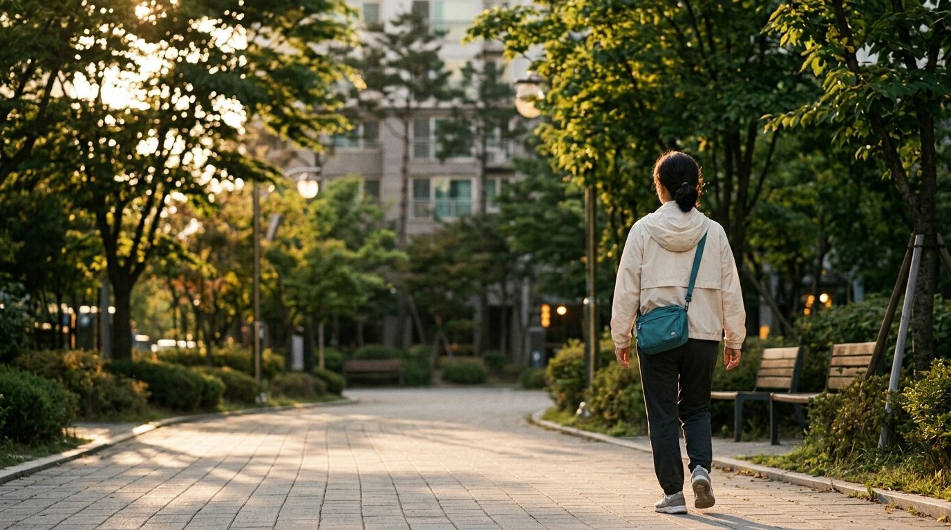 저녁 무렵 아파트 단지 산책로를 걷는 중년 여성의 뒷모습