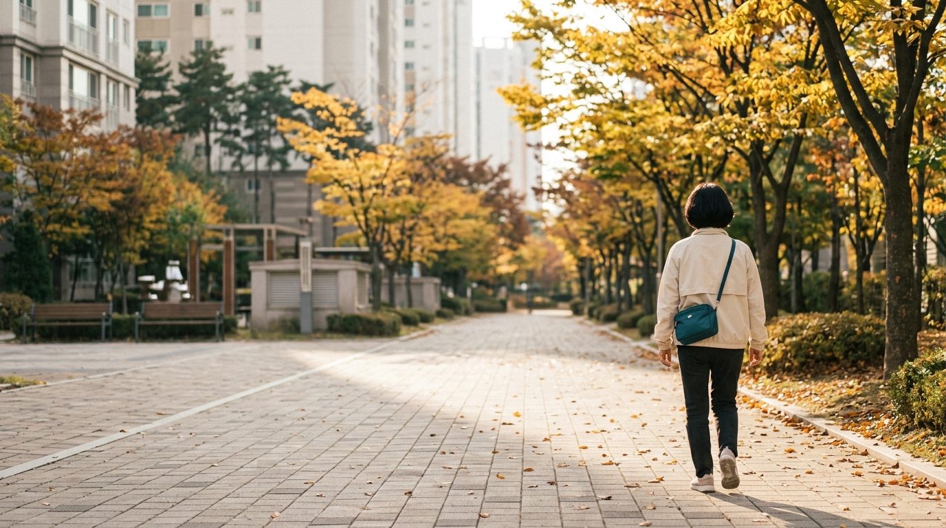 가을 오후 아파트 단지 산책로를 걷는 중년 여성의 뒷모습
